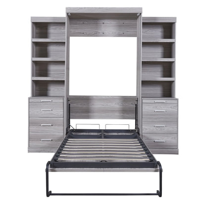 Twin Size Modern Design Vertical Murphy Bed, Hidden Bed with Shelf, Drawers, New Style Gas Struts, Space Saving Wall Bed for Guestroom, Apartment, Bedroom, Gray