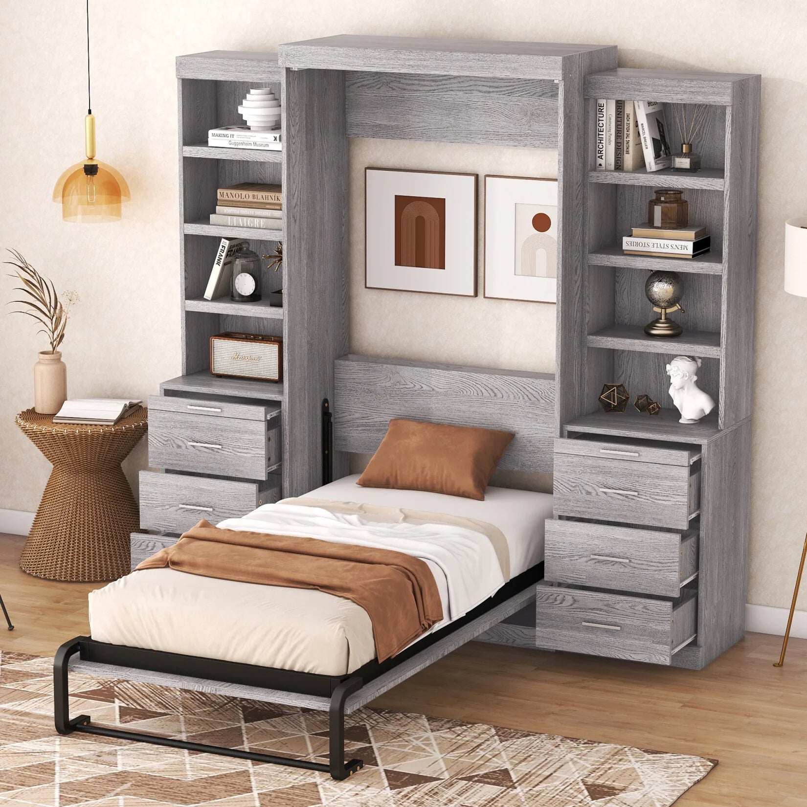 Twin Size Modern Design Vertical Murphy Bed, Hidden Bed with Shelf, Drawers, New Style Gas Struts, Space Saving Wall Bed for Guestroom, Apartment, Bedroom, Gray