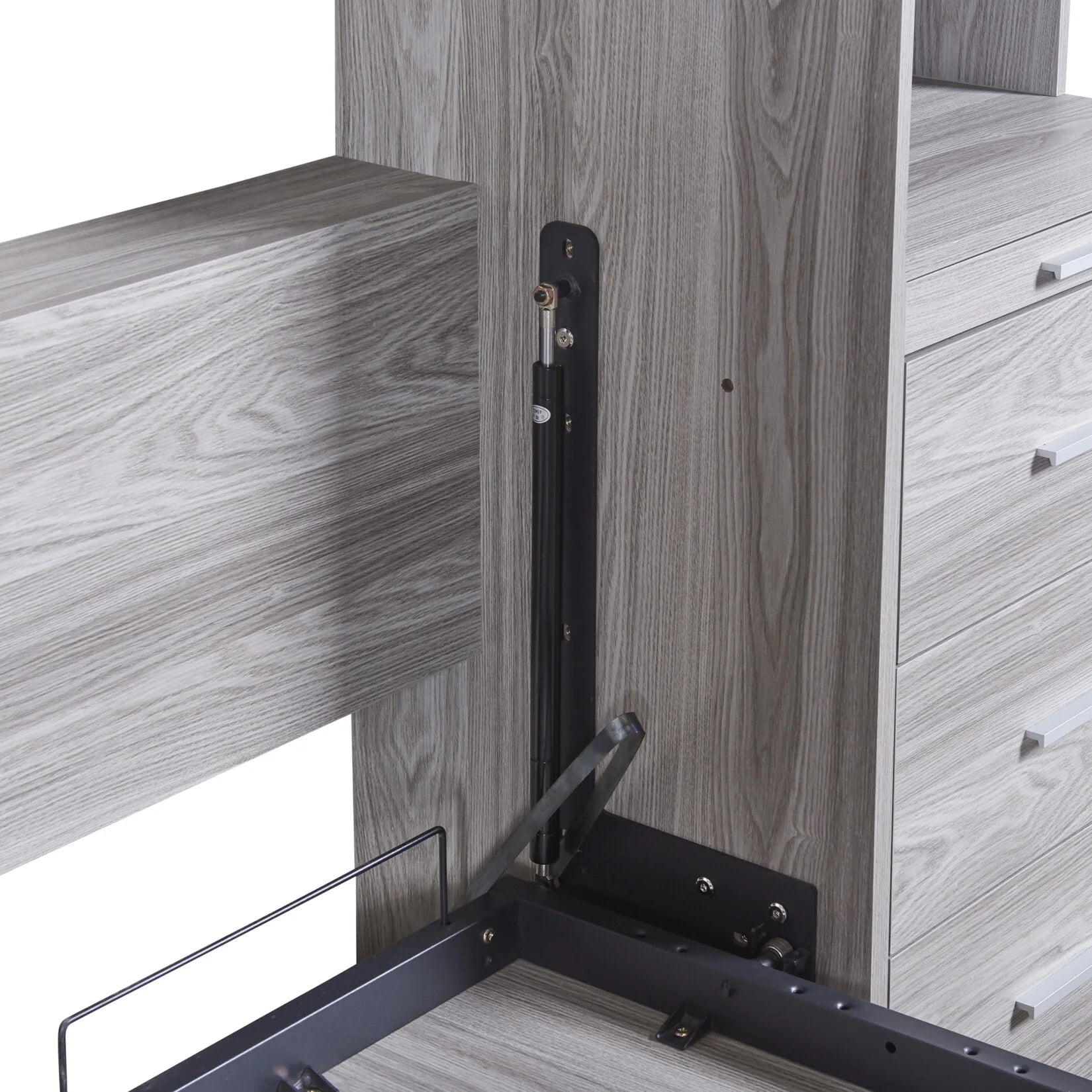 Twin Size Modern Design Vertical Murphy Bed, Hidden Bed with Shelf, Drawers, New Style Gas Struts, Space Saving Wall Bed for Guestroom, Apartment, Bedroom, Gray