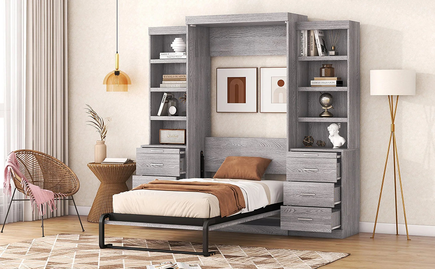 Twin Size Modern Design Vertical Murphy Bed, Hidden Bed with Shelf, Drawers, New Style Gas Struts, Space Saving Wall Bed for Guestroom, Apartment, Bedroom, Gray