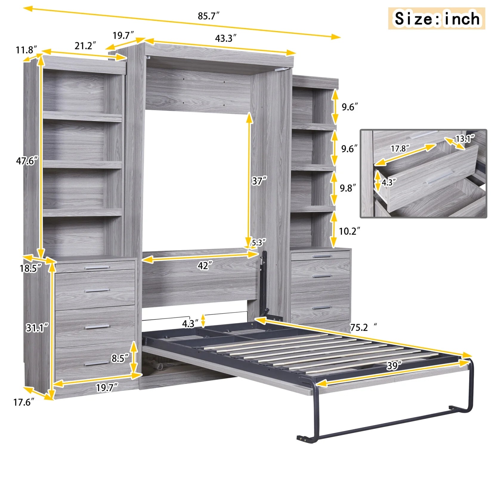 Twin Size Modern Design Vertical Murphy Bed, Hidden Bed with Shelf, Drawers, New Style Gas Struts, Space Saving Wall Bed for Guestroom, Apartment, Bedroom, Gray
